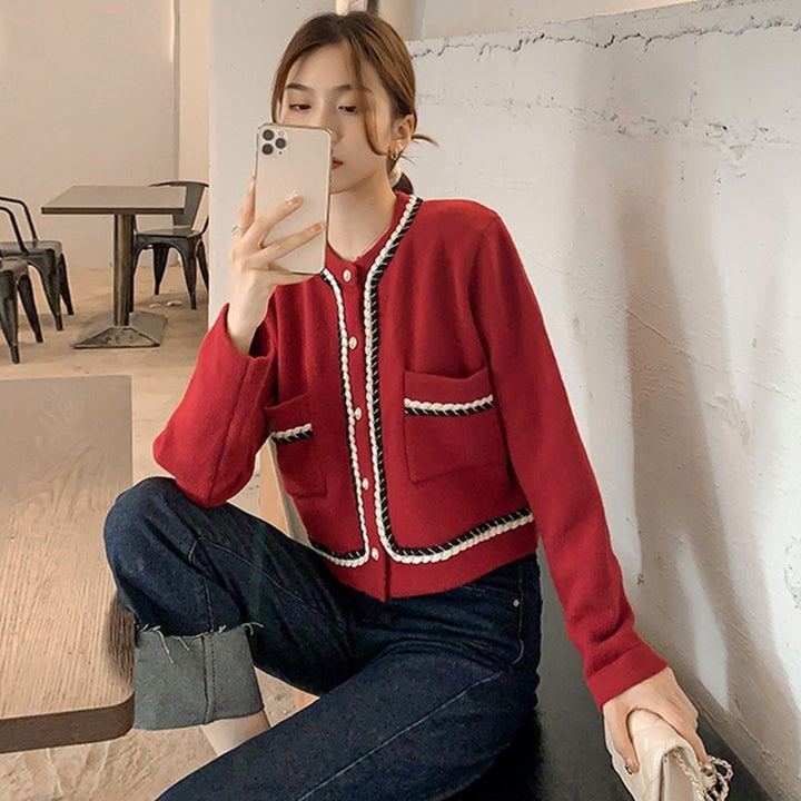 Top Women's Sweater Short Style Red Knitted Sweater Cardigan Coat-Sweaters-Zishirts