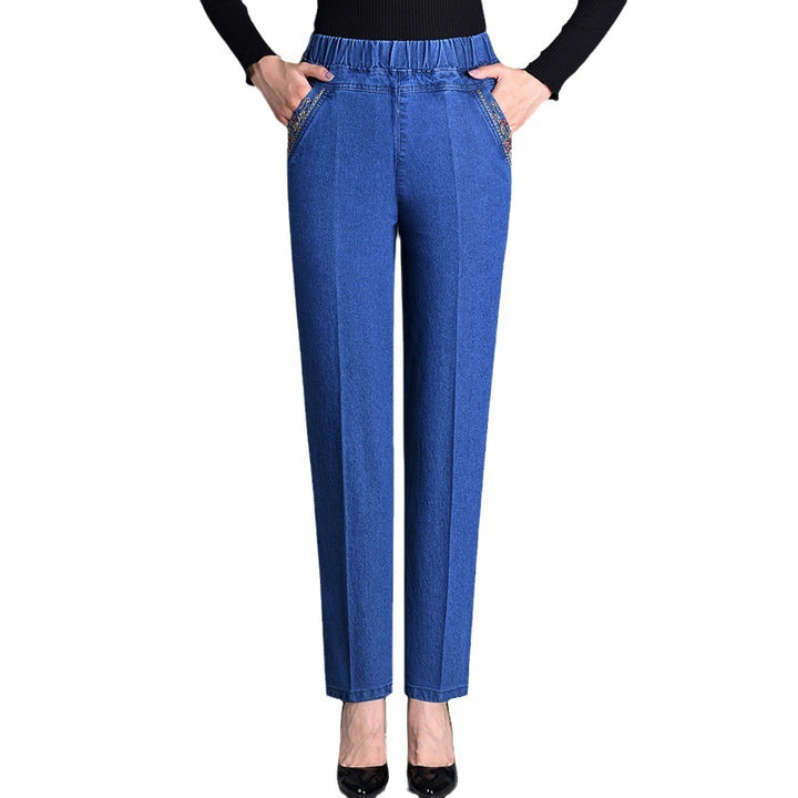 Thin Elastic High Waist Denim Straight-leg Trousers-Woman Jeans-Zishirts