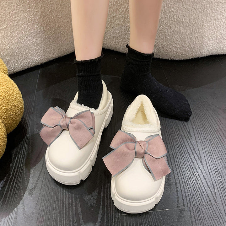 Bowknot Cotton Slippers Warm With Velvet Waterproof Home Indoor Platform Cotton Shoes-Womens Footwear-Zishirts