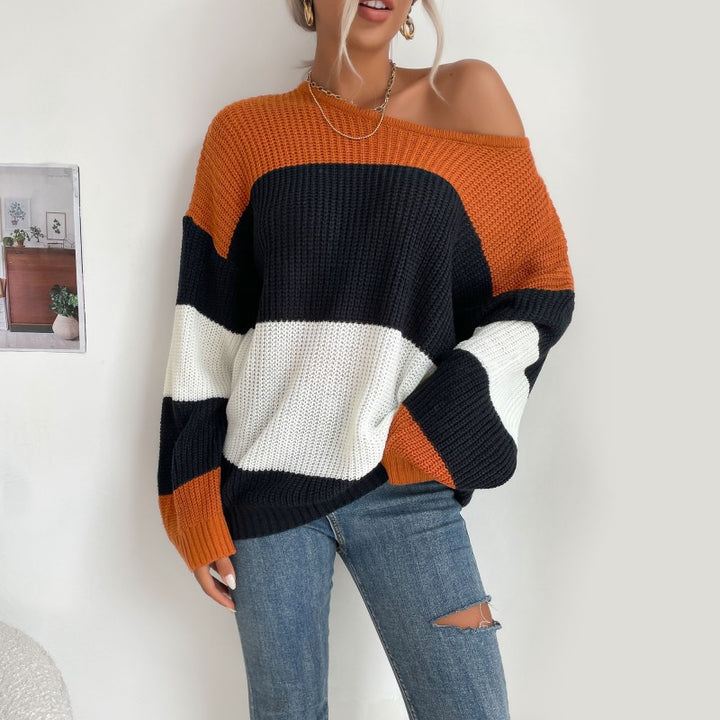 Autumn New European And American Women's Clothing Striped Contrast Color Knitwear Round Neck Loose Sweater-Sweaters-Zishirts