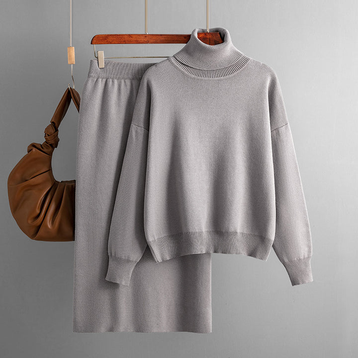 Solid Color Turtleneck Sweater Sheath Skirt Two-piece Set Autumn And Winter-Suits & Sets-Zishirts