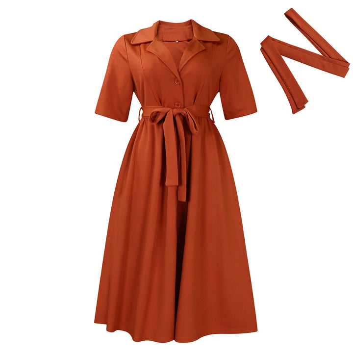 Short Sleeve Suit Collar Strap Solid Color Dress-Lady Dresses-Zishirts