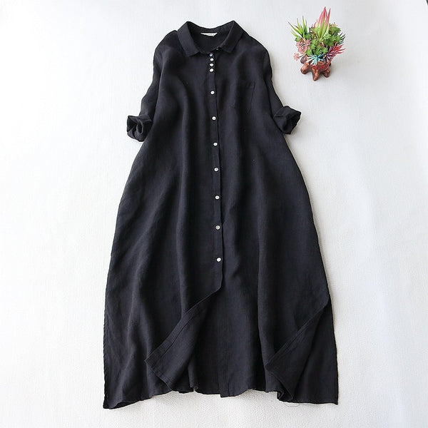 Summer Linen Fabric Lapel Long Shirt Dress-Womens 2024 March-Zishirts