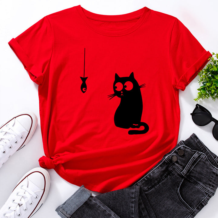 Women's Cute Cat Loose Round Neck Cotton Short Sleeve-Women's Outerwear 2023-Zishirts