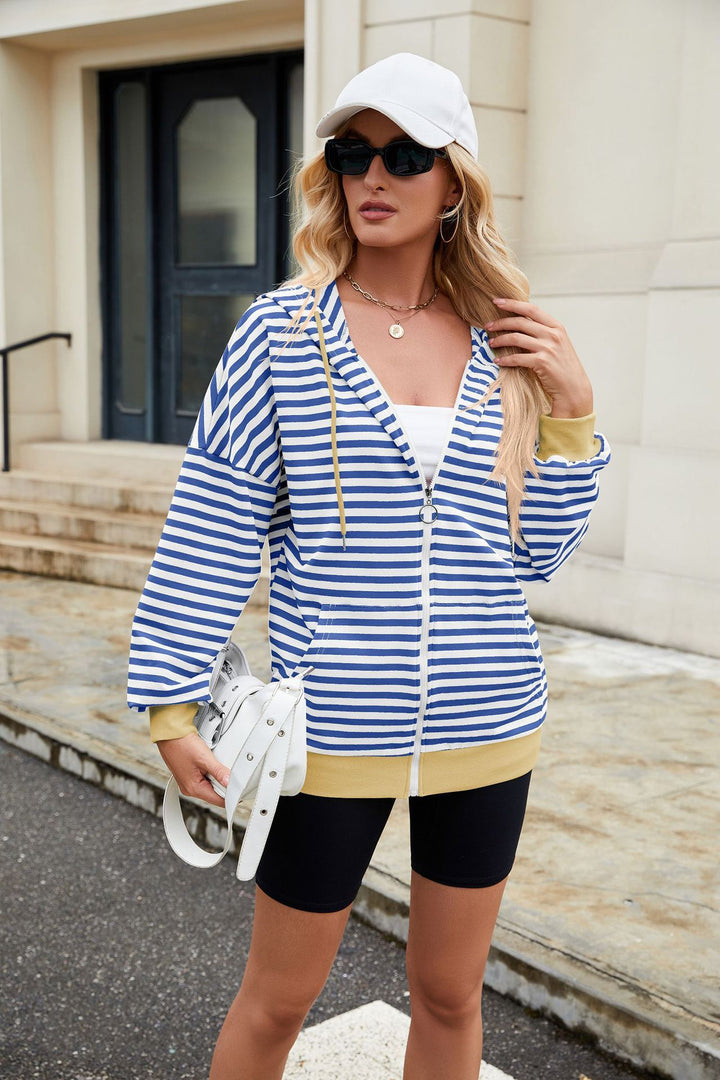 Striped Zipper Hooded Sweatshirt Fashion Loose Pockets Long-sleeved Jacket For Women Tops-Jackets-Zishirts