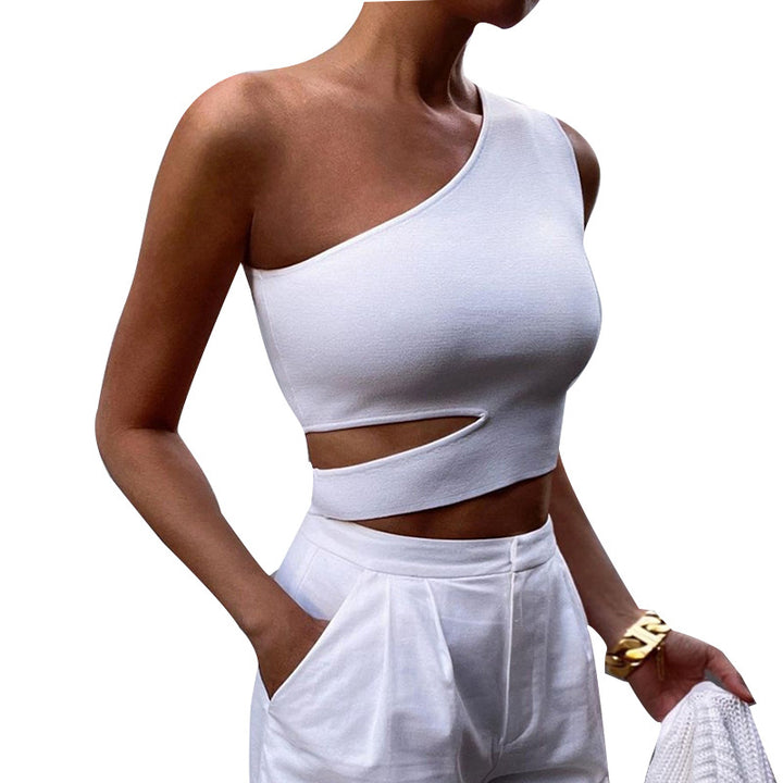 Asymmetric Hollow Sexy Vest Midriff-baring Top Hollow Backless One-shoulder Vest T-shirt For Women-Blouses & Shirts-Zishirts