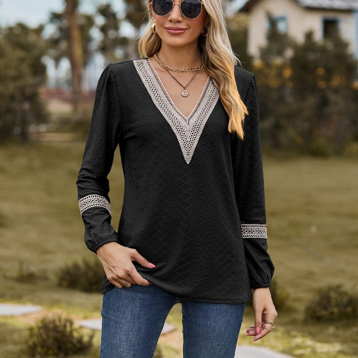 Lace V-neck Patchwork Long Sleeve Loose-fitting T-shirt Top-Blouses & Shirts-Zishirts