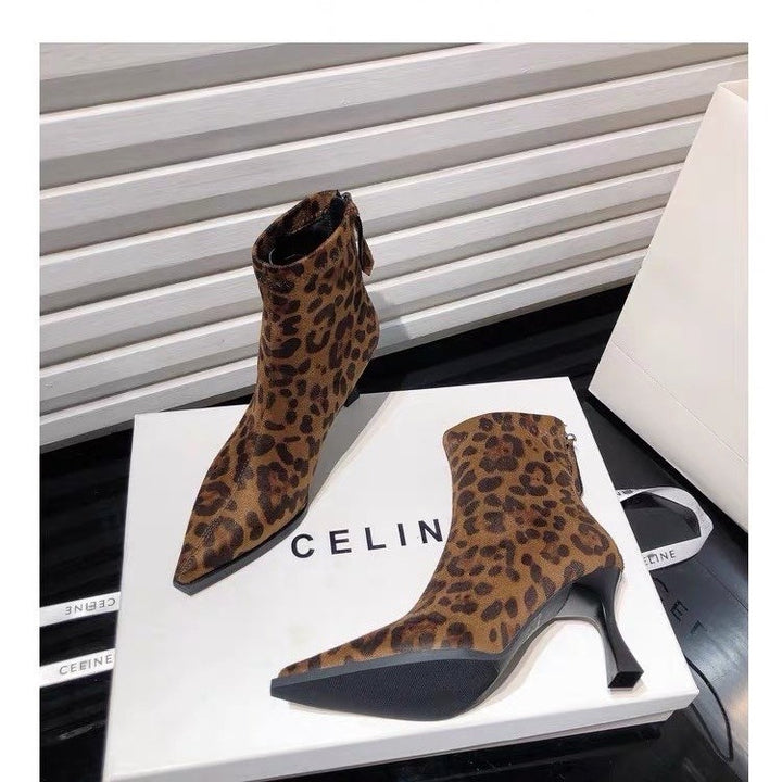 Leopard Pointed Toe Stiletto Heel Ankle Boots For Women-Womens Footwear-Zishirts