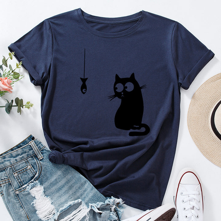 Women's Cute Cat Loose Round Neck Cotton Short Sleeve-Women's Outerwear 2023-Zishirts