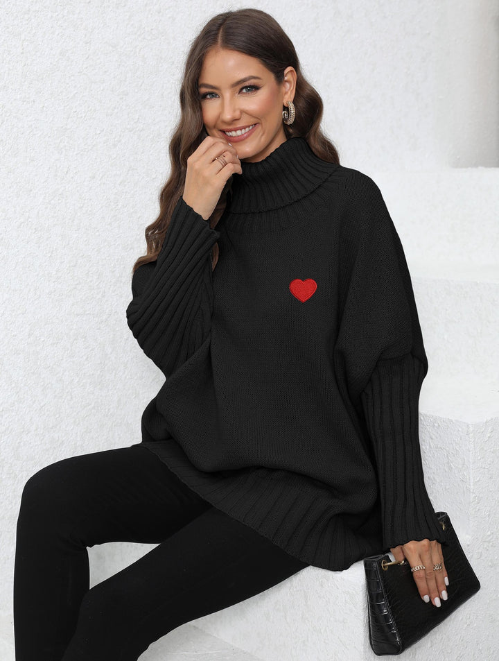 Women's Clothing Knitted Solid Color Turtleneck Lapel Loose Woven Love Stickers Sweater-Sweaters-Zishirts