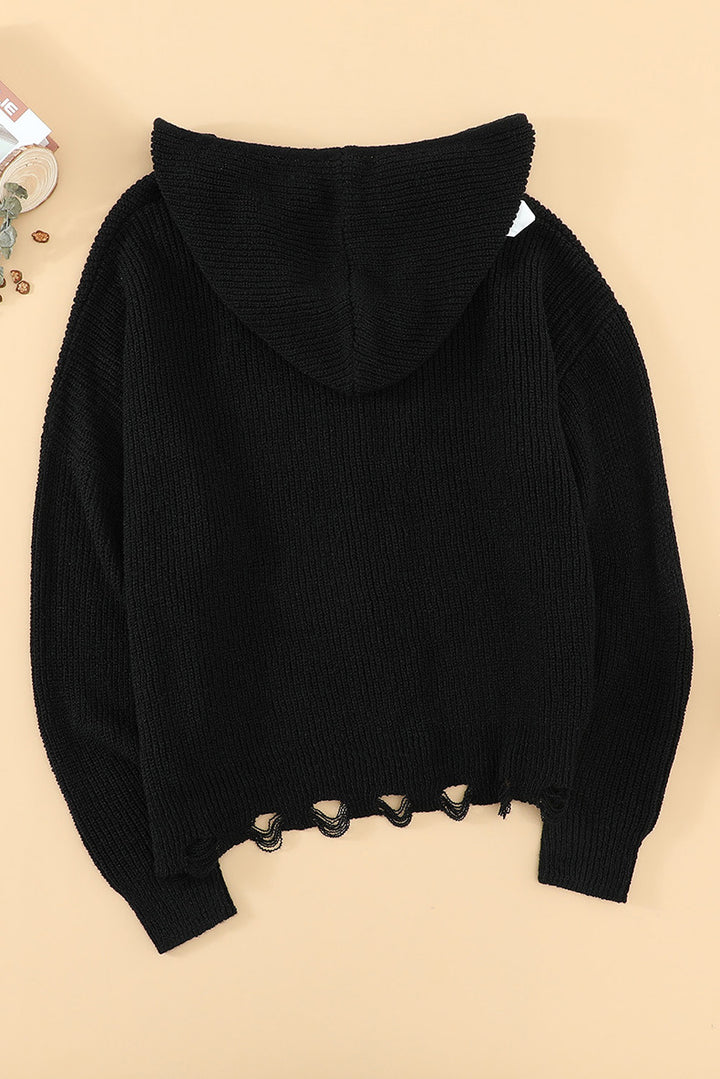 Zipper Cardigan Solid Color Simple Knitwear V-neck Hooded Long Sleeve-Sweaters-Zishirts