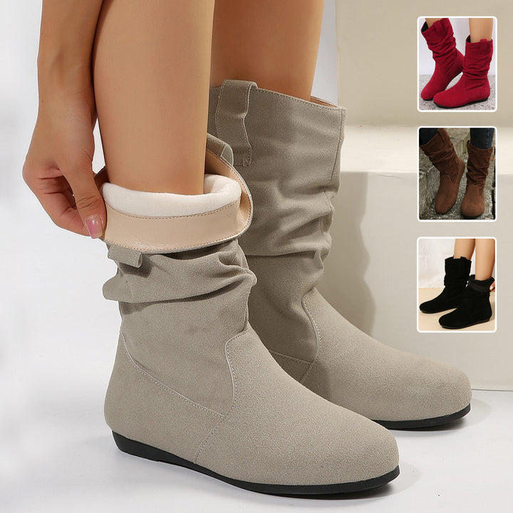 Round Toe Flat Boots Fashion Solid Color Suede Mid-calf Boot Winter Warm Shoes For Women-Womens Footwear-Zishirts