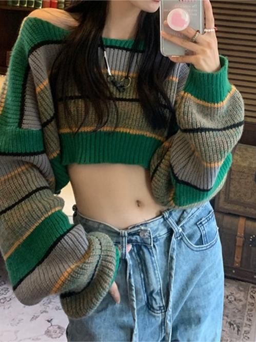 Short Colored Mosaic Striped Knitted Sweater-Sweaters-Zishirts