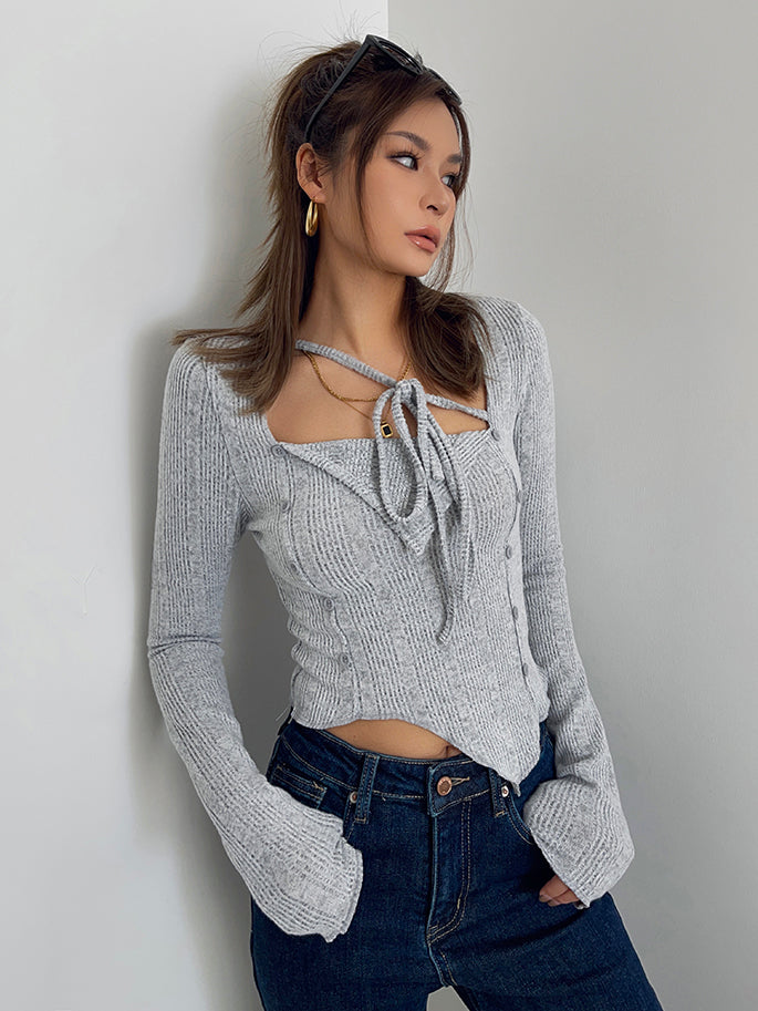 Women's Irregular Lace Up Long Sleeve Top Underlay Shirt-Blouses & Shirts-Zishirts