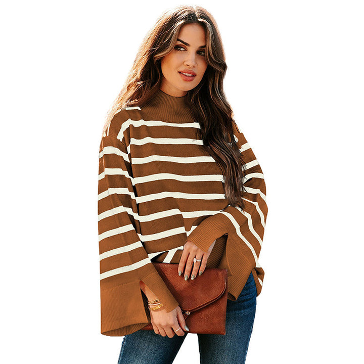 Striped Turtleneck Sweater Women's Cuffs-Women's Outerwear 2023-Zishirts