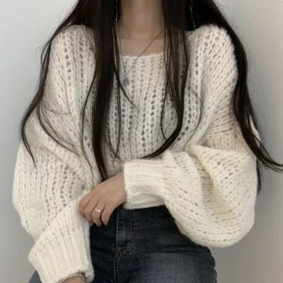 Women's Autumn And Winter Candy Color Pullover Loose Lantern Sleeve Knitted Sweater-Women's Outerwear 2023-Zishirts