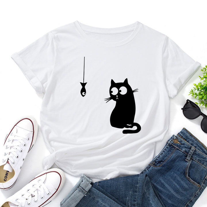 Women's Cute Cat Loose Round Neck Cotton Short Sleeve-Women's Outerwear 2023-Zishirts