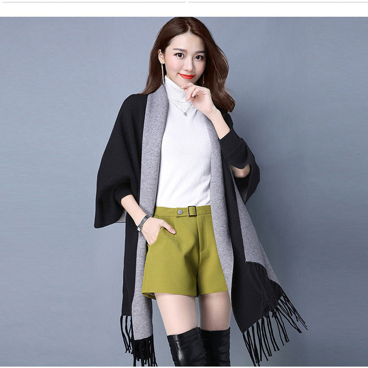 Ladies Shawl Cardigan Tassel Cape Sweater Coat-Scarves & Wraps-Zishirts