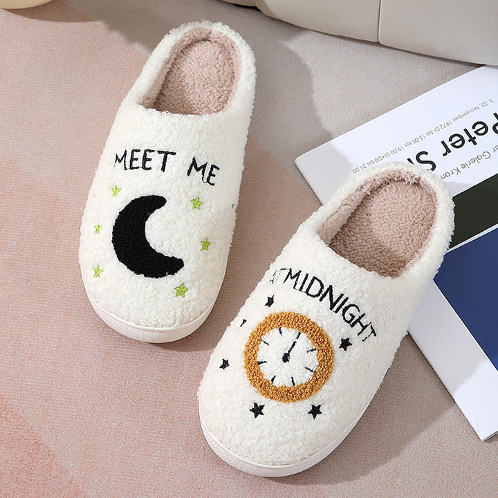 Moon And Clock Print Slipper Winter Warm Home Shoes Cute Bedroom Slippers-Womens Footwear-Zishirts