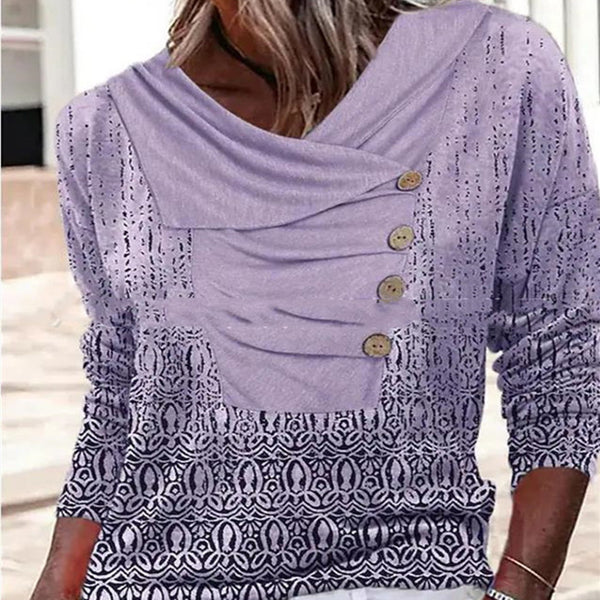 Women's Long-sleeved Lapel Button Loose Print T-shirt Sweater-Womens 2024 March-Zishirts