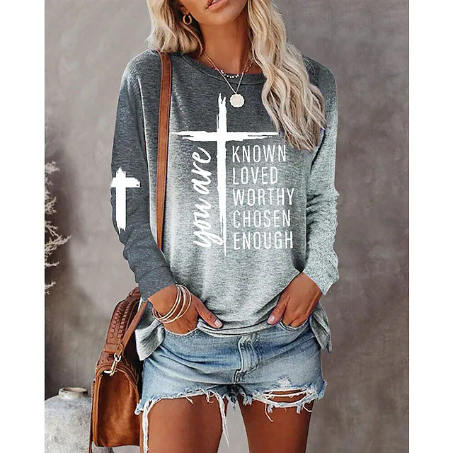 Gradient Text Printing Long Sleeve Round Neck Top-Blouses & Shirts-Zishirts