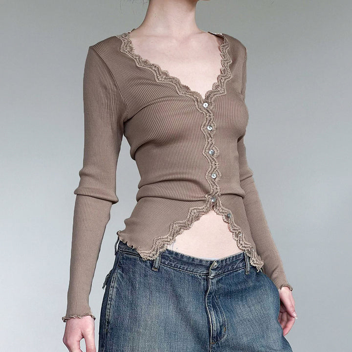 Lace Spliced Ribbed Slim Long Sleeve T-shirt-Blouses & Shirts-Zishirts