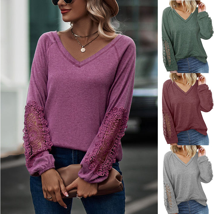 Loose Casual V-neck Lace Lace Long-sleeved-Blouses & Shirts-Zishirts