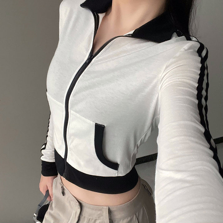 Women's Zipped Stand Collar Black And White Long-sleeved Top-Blouses & Shirts-Zishirts