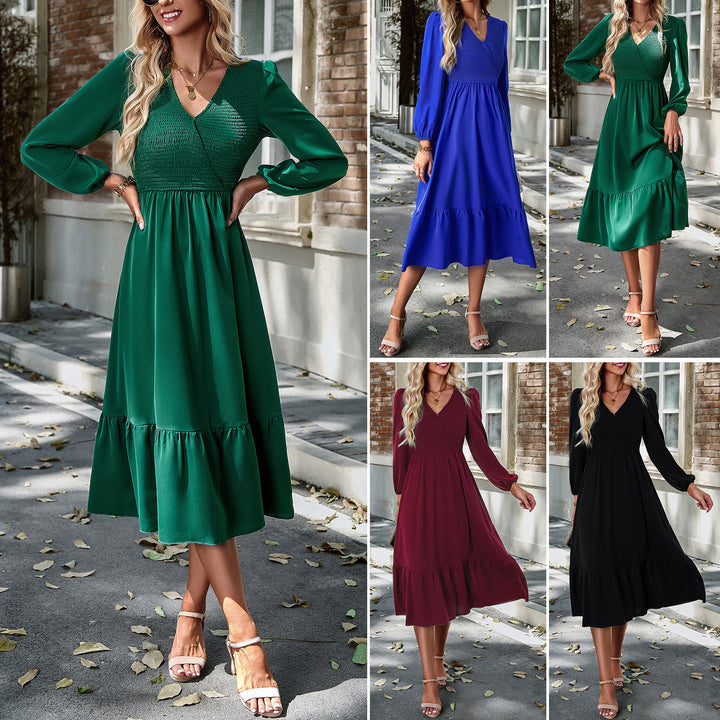 Women's V-neck Smocking Solid Color Dress-Lady Dresses-Zishirts