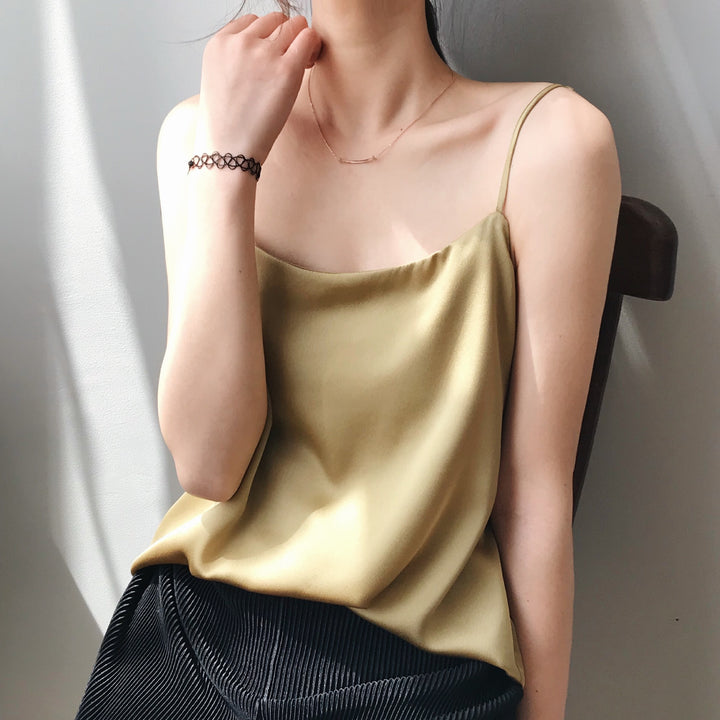 Summer New Inner Wear Single Wear Textured Satin Spaghetti Strap Small Sling Vest For Women-Blouses & Shirts-Zishirts