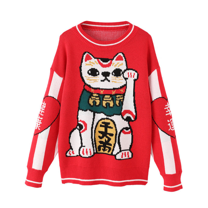 Women's Fashion Lucky Cat Thick Retro Sweater-Women's Outerwear 2023-Zishirts