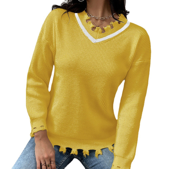V-neck Solid Color Loose-fitting Women's Knitwear Sweater-Sweaters-Zishirts