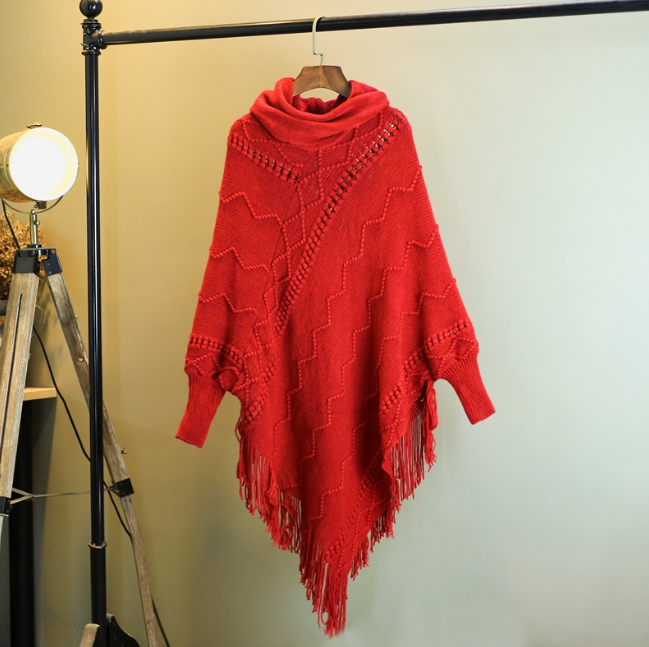 Autumn And Winter New Tassel Knitwear Shawl High Collar Warm Batwing Sleeve Pullover-Scarves & Wraps-Zishirts