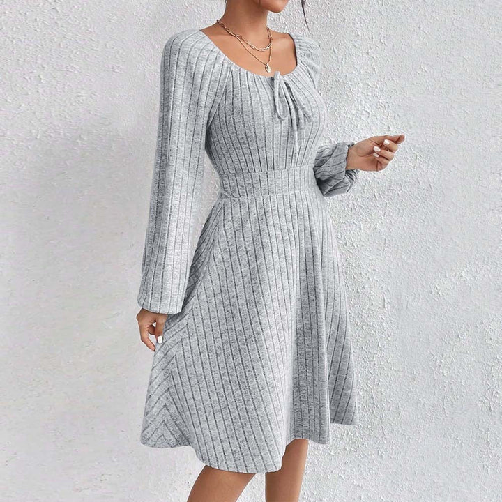 Square-neck Cinched Large Skirt Long Sleeve Dress-Lady Dresses-Zishirts