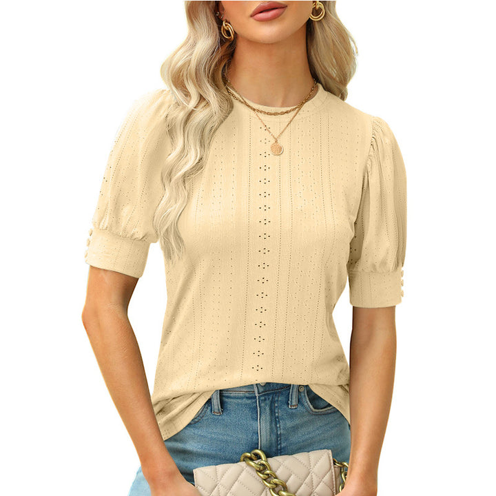 Summer Round Neck Hole Hollow-out Button Short-sleeved Casual Top-Women's Outerwear 2023-Zishirts