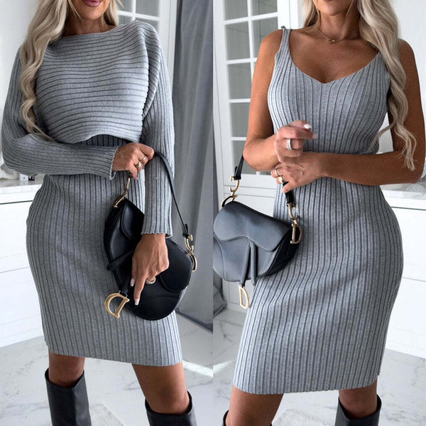 2pcs Suit Women's Solid Stripe Long-sleeved Top And Tight Suspender Skirt Fashion Autumn Winter Slim Clothing-Women's Outerwear 2023-Zishirts