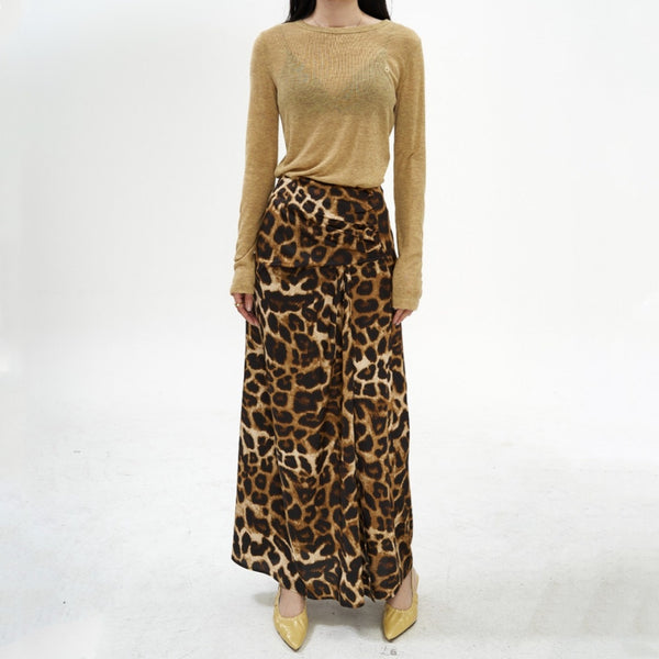 Leopard Print High Waist Long Skirt Pleated Skirt-Womens 2024 March-Zishirts