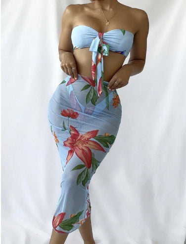 Printed Bikini Sexy Swimsuit Women's Three-piece Set Tulle Skirt-Women's Outerwear 2023-Zishirts