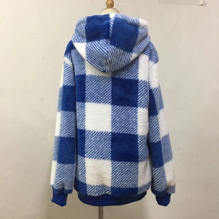 Fashion Plaid Hooded Sweatshirt With Pockets Casual Zipper Plush Tops For Womens Clothing-Jackets-Zishirts