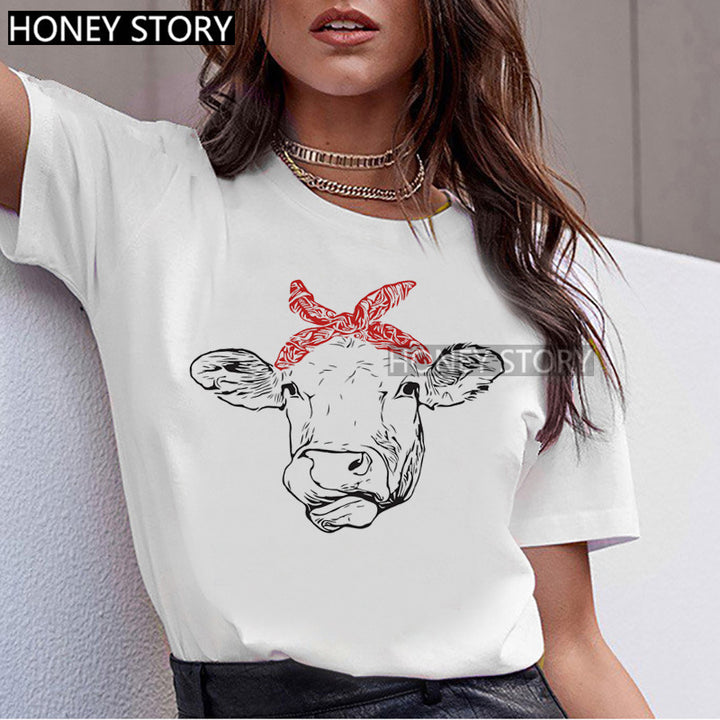 T-shirt Animal Cute Pattern Round Neck White Short-sleeve Top-Women's Outerwear 2023-Zishirts