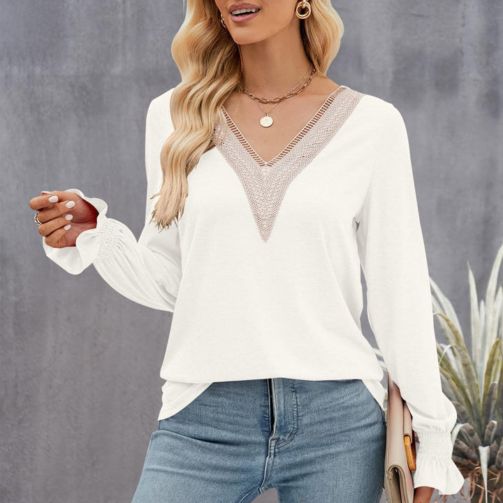 Women's V-neck Long Sleeve Loose T-shirt-Blouses & Shirts-Zishirts