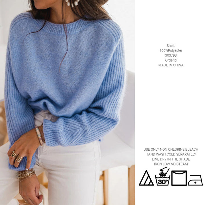 European Milk Blue Bedford Cord Sweater Women's Round-collar Long-sleeve Knitwear-Sweaters-Zishirts