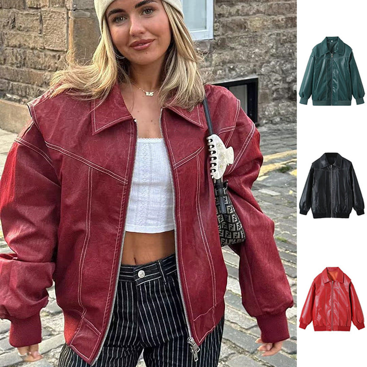 Loose Fashion Lapel Zip-up Jacket Cool Long Sleeve Zipper Closure Moto Biker Leather Jacket Womens Clothing-Jackets-Zishirts