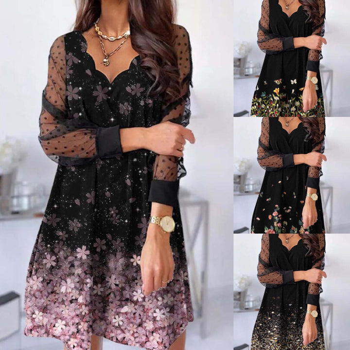 Casual Lace Long Sleeve Wave V-neck Dress-Lady Dresses-Zishirts