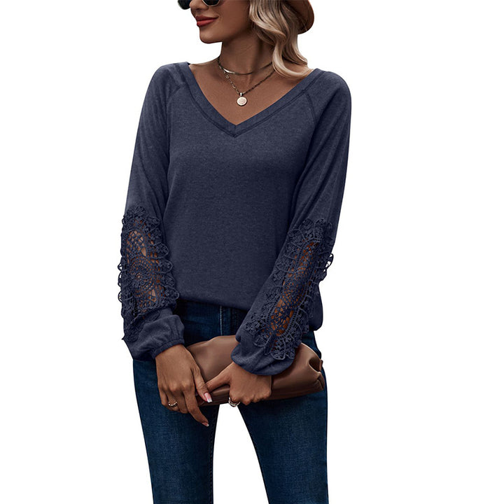 Loose Casual V-neck Lace Lace Long-sleeved-Blouses & Shirts-Zishirts