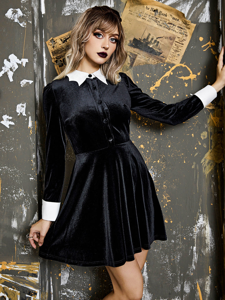 Gothic Style Bat Collar Contrast Color Velvet Dress-Lady Dresses-Zishirts