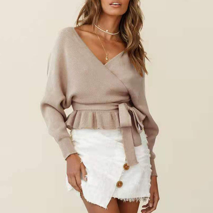 Women's Batwing Coat Knitwear V-neck Exposed Back Bandage Sweater-Sweaters-Zishirts