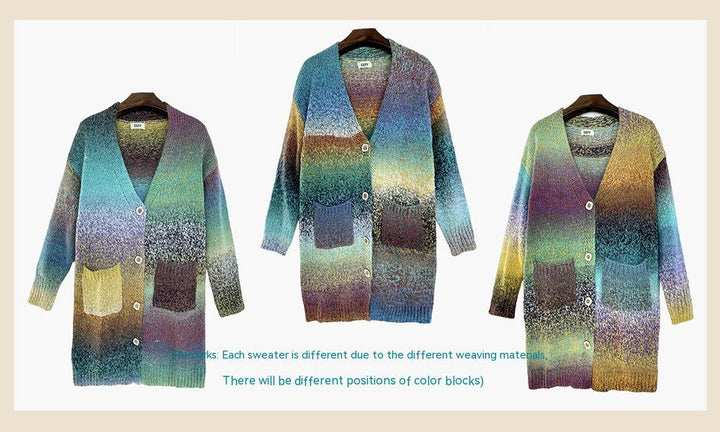 Knitted Sweater Loose Rainbow Long Coat Wool Cardigan-Sweaters-Zishirts