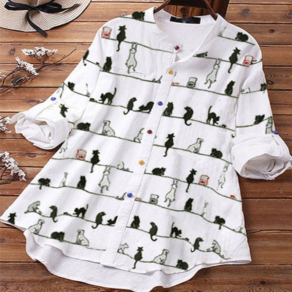 Spring New Cartoon Printed T-shirt Color Button Shirt-Blouses & Shirts-Zishirts