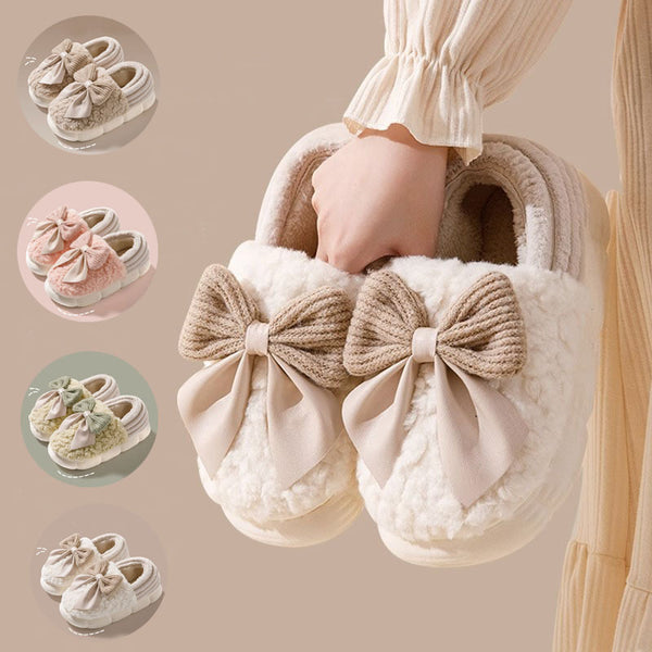 Big Bow-knot Fluffy Slippers Winter Warm Covered Heel Cotton Shoes Fashion Thick-soled Platform Slippers Indoor And Outdoor Garden Walking Shoes-Womens Footwear-Zishirts